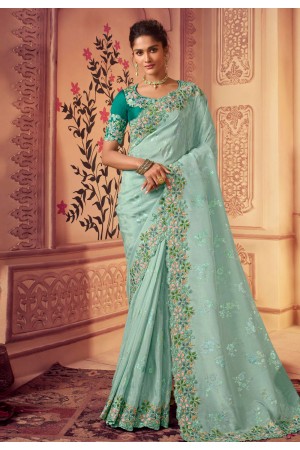 Chinon Saree with blouse in Sea green colour 8007