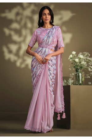 Crepe Saree with blouse in Pink colour 23005