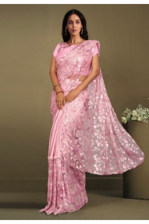 Crepe Saree with blouse in Pink colour 23017