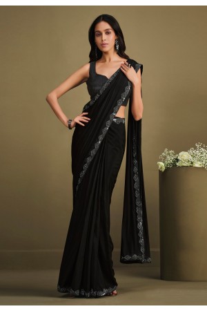 Crepe silk designer Saree with jacket in Black colour 23012