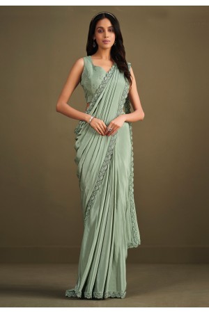 Crepe silk designer Saree with jacket in Sea green colour 23007