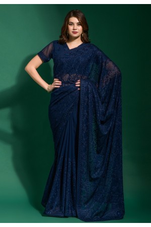 Georgette Saree with blouse in Navy blue colour 8029