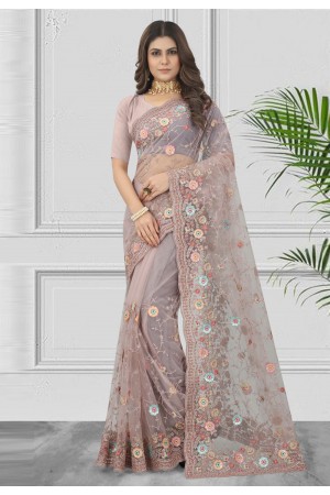 Net Saree with blouse in Grey colour 6896