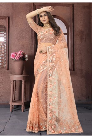 Net Saree with blouse in Peach colour 6894