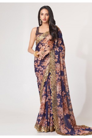 Organza Saree with blouse in Navy blue colour 1108