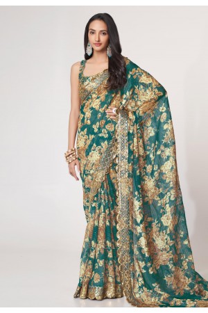 Organza Saree with blouse in Teal colour 1106