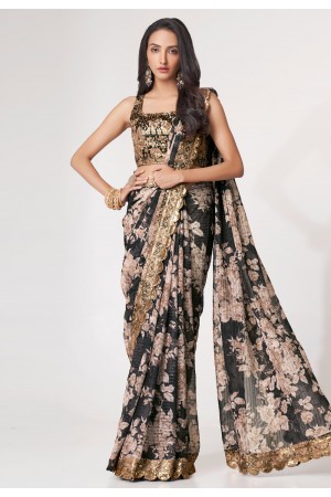 Organza floral print Saree in Black colour 1103