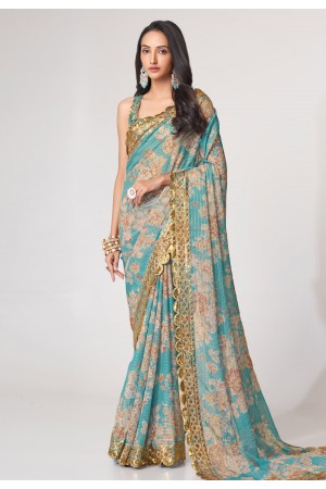 Organza floral print Saree in Sky blue colour 1109