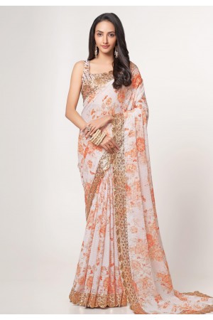 Organza floral print Saree in White colour 1101