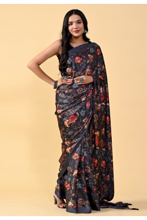 Satin silk Saree with blouse in Black colour 206
