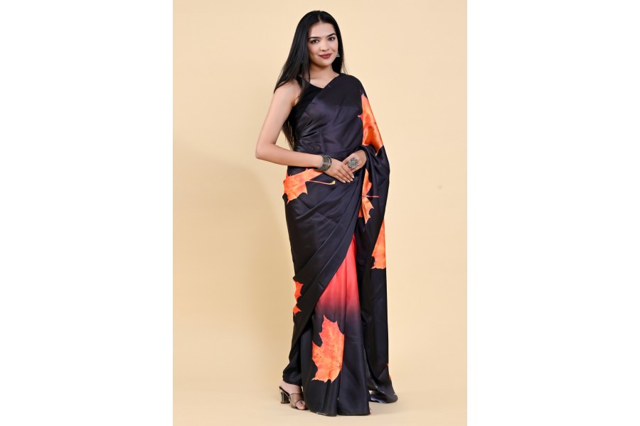 Women's Satin Black Printed Designer Saree With Blouse Piece