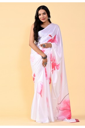Satin silk Saree with blouse in White colour 201