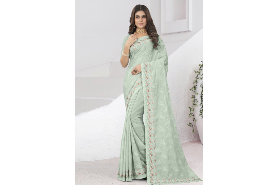 Light Green Semi Silk Saree with Hand Work blouse combo