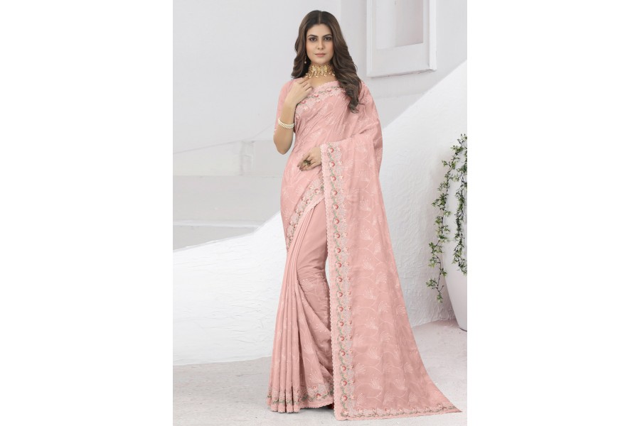 Peach Satin Silk Printed Saree with Moonga Silk Blouse