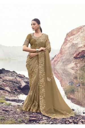 Beige Gold Banarasi silk jacquard embroidered wedding saree 8610