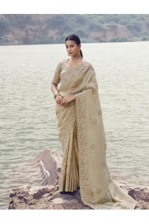 Beige Tissue silk jacquard half n half embroidered wedding saree 8602