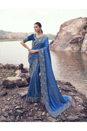 Blue Pure satin silk with jacquard embroidered wedding saree 8601