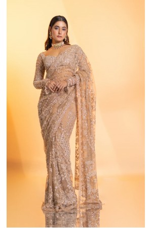 Bollywood model beige sequins net party wear saree