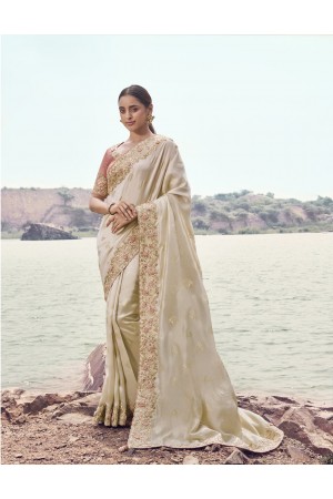 Chikoo and Baby Pink Satin silk jacquard embroidered wedding saree 8607