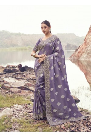 Purple tissue silk jacquard embroidered wedding saree 8603