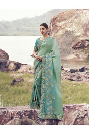 Sky blue green shaded Bagalpuri silk jacquard embroidered wedding saree 8606