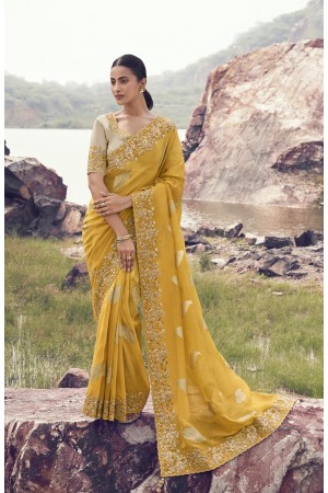 Yellow and Beige Tissue silk jacquard embroidered wedding saree 8604