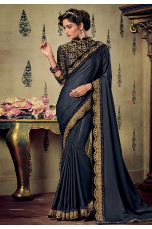 Dark gray art silk embroidered party wear saree 88339