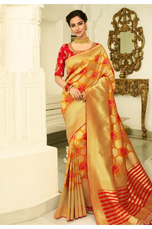 Golden banarasi silk saree with blouse 6015