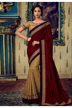 Maroon art silk embroidered half and half saree 88336