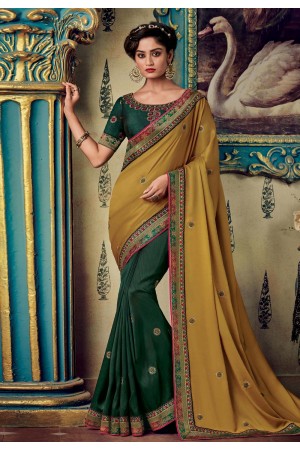 Mustard art silk embroidered half and half saree 88333