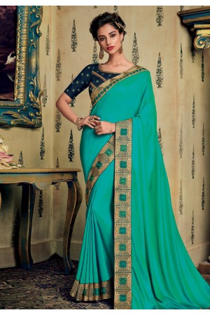 Turquoise blue art silk embroidered festival wear saree 88348