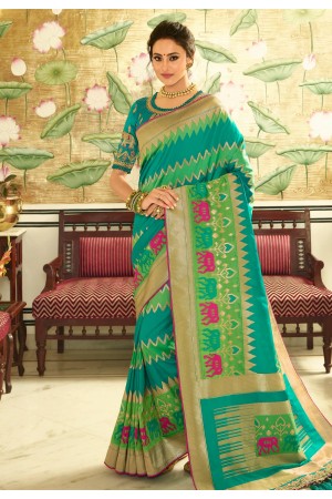 Turquoise blue banarasi silk saree with blouse 6013