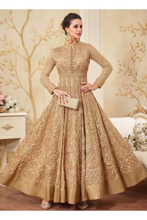 Beige and gold color net party wear anarkali kameez