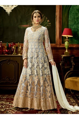 Cream net bridal wear embroidery work anarkali style 3881