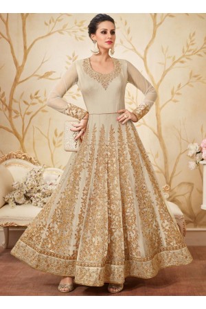 Beige color net party wear anarkali kameez