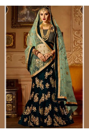 Green velvet a line lehenga choli in green 5009