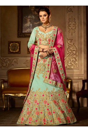 Mint green banglori silk blue and hot pink a line wedding lehenga choli 5002
