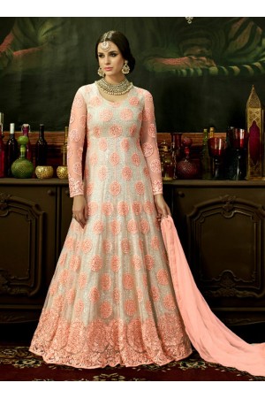 Peach net bridal wear embroidery work anarkali style 3883