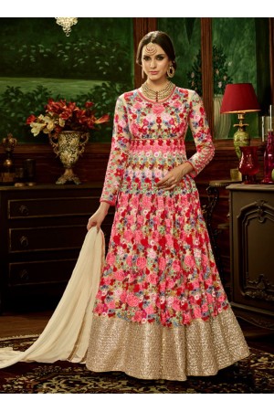 Pink net bridal wear embroidery work anarkali style 3885