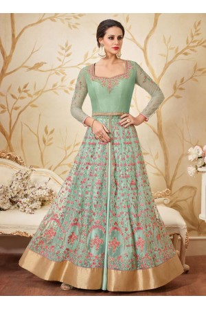 Sea green color net party wear anarkali kameez