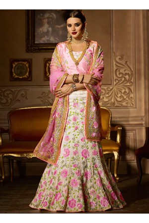 White banglori silk pink and white lace work a line lehenga choli 5010