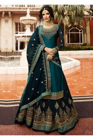 Blue Satin Embroidered Kurti Style Lehenga Latest 17203