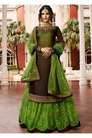 Brown Green Shaded Embroidered Kurti Style Lehenga Latest 17202