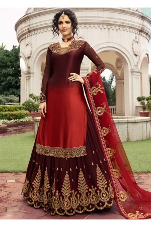 Maroon Red Shaded Embroidered Kurti Style Lehenga Latest 17204