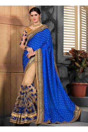 Beige and royal blue party wear saree 2001