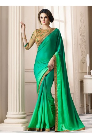 Green satin blend border saree 40001