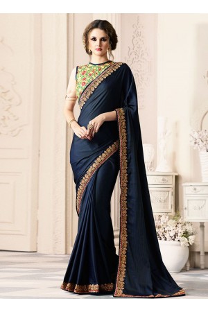 Navy blue satin blend party wear saree 40003