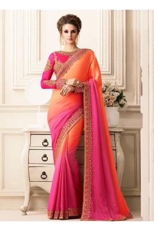 Pink and orange satin designer saree 40008