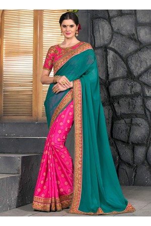 Pink and teal green half and half saree 2012