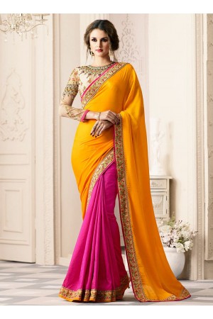 Pink and yellow half and half designer saree 40006